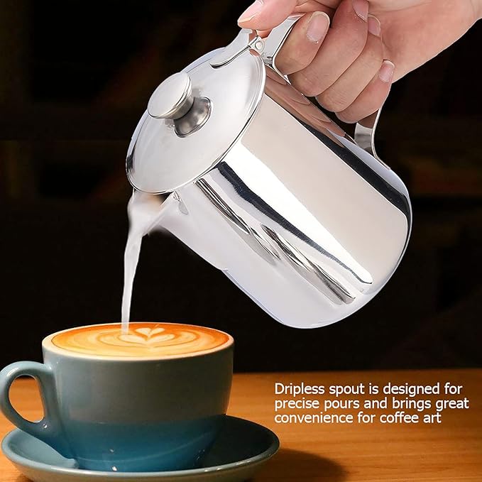 Stainless Steel Milk Frothing Pitcher with Lid for Latte Coffee Art, Small 3oz Creamer Jug, Metal Barista Set, Mini Cup for Health Gear Coffee (600ml)