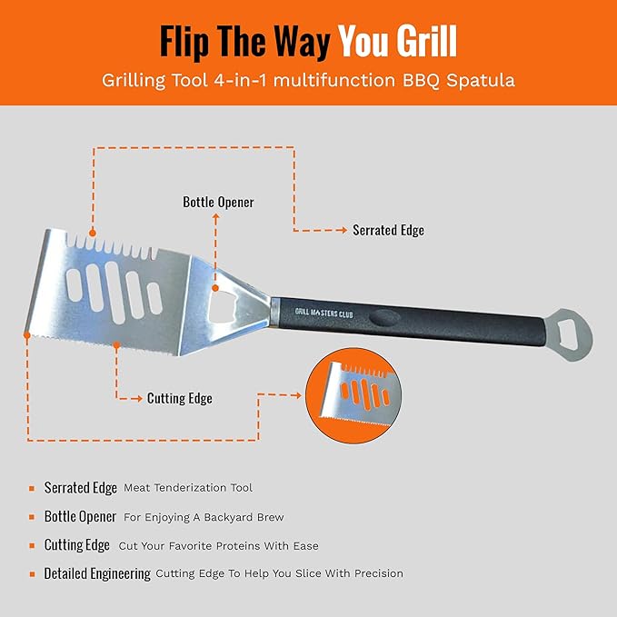 Grill Masters Club 4-in-1 BBQ Spatula | Multifunctional Stainless Steel Grill Spatula with Polypropylene Handle, Serrated Edges, Bottle Opener | Perfect for BBQ grills, kebabs for Camping & Picnics