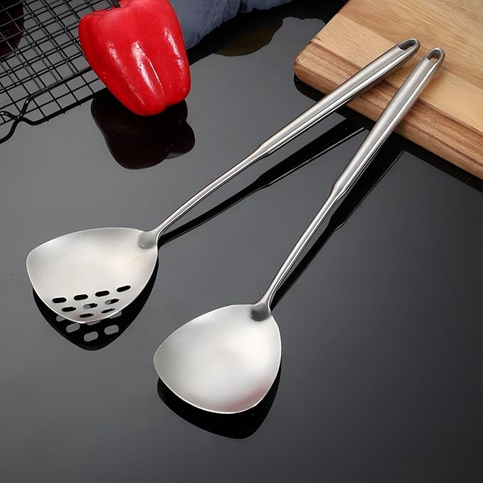 6Pcs Stainless Steel Kitchen Utensils Set – Cooking Utensils Set Stainless Steel, Metal Cooking Utensils with Wok Spatula, Serving Spoons,Ladle Set– Durable Cooking Supplies for Home and Camping