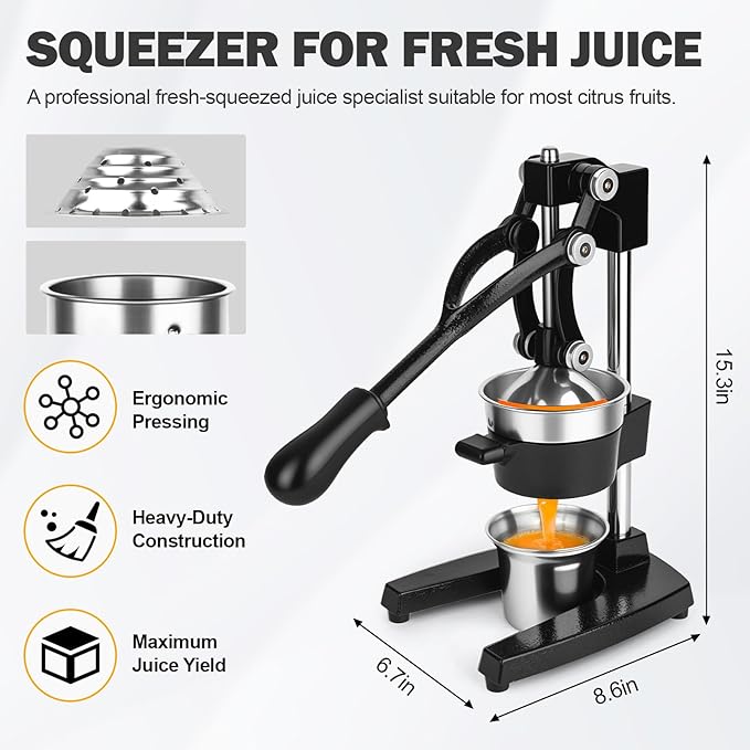 Manual Cast Iron Juicer with Stainless Steel Cup -Heavy-Duty Lemon Squeezer for Maximum Juice Yield & Effortless Cleaning Dishwasher Safe Ideal for Home Kitchens, Restaurants & Lemonade Stands