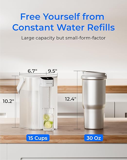Waterdrop Electric Water Filter Pitcher, Reduce 99.6% of Lead and 45+ Impurities, 200-Gallon Rechargeable Water Dispenser, Instant 15-Cup Countertop System, NSF/ANSI 401&53&42&372, Does not Lower TDS