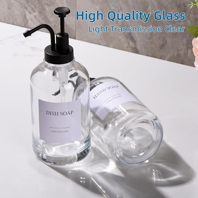 Glass Soap Dispenser with Pump, Dish and Hand Soap Dispenser for Kitchen Bathroom Set, Clear Glass Dispenser Set of 2 Pack with 18 Stickers Funnel Bamboo Tray 500ml 18oz / Each Bottle Sliver Pump