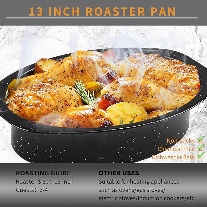 JY COOKMENT Granite Roaster Pan, Small 13” Enameled Roasting Pan with Domed Lid. Oval Turkey Roaster Pot, Broiler Pan Great for Small Chicken, Lamb. Dishwasher Safe Cookware Fit for 7Lb Bird