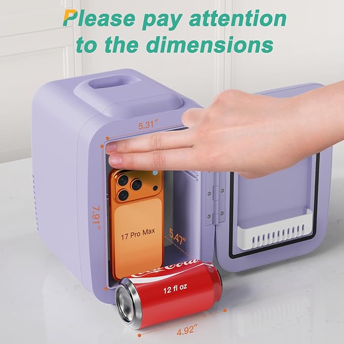 CROWNFUL Mini Fridge, 4 Liter/6 Can Portable Cooler and Warmer Personal Refrigerator for Skin Care, Cosmetics, Beverage, Food,Great for Bedroom, Office, Car, Dorm(Purple)