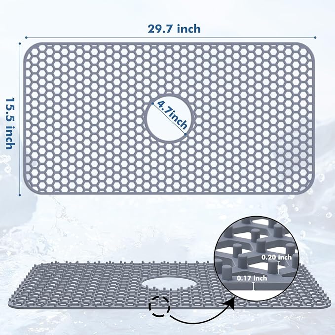 Bestjing Silicone Sink Protectors for Kitchen Sink with Center Drain - 29.7"x 15.5" Kitchen Protector Accessory, Non-Slip Heat Resistan Mat for Bottom of Farmhouse Stainless Steel Porcelain (Gray)