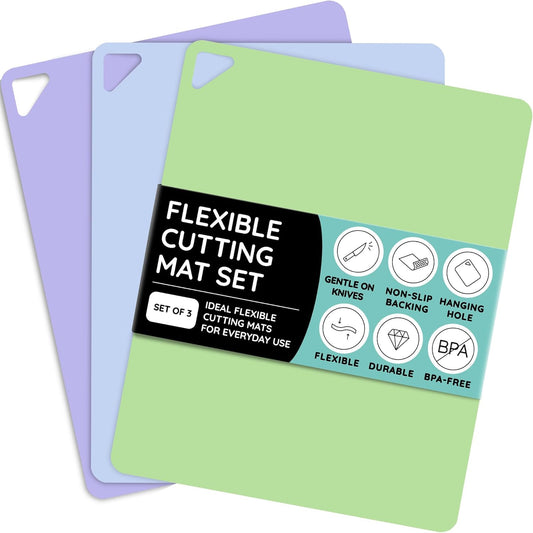 July Home Cutting Board Alternative for Kitchen - Extra Thick Flexible Plastic Cutting Board Set of 3, Non-Slip, BPA-Free, Easy to Clean, Colored Cutting Mats for Cooking, Durable Chopping Sheets