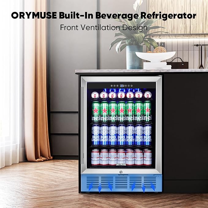 ORYMUSE 24" Beverage Refrigerator, 180 Can Under Counter Drink Cooler with Glass Door & Lock, Built-in or Freestanding Mini Fridge with Quiet Compressor Cooling for Beer, Soda & Wine