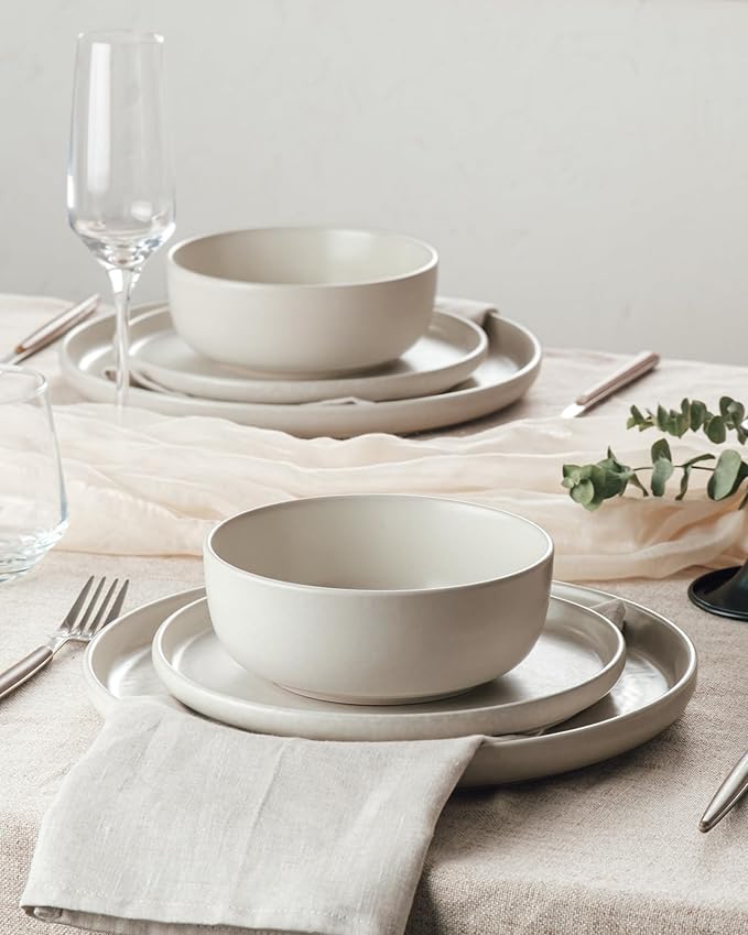 Famiware Milkyway Plates and Bowls Sets, 18 Pieces Dinnerware Sets, Reactive Glaze Dish Set, Stoneware Dishes Set for 6, Matte Beige White