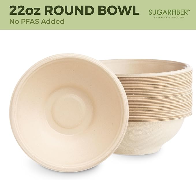 [1000 Count]Sugarfiber by Harvest 22oz Round Bowls PFAS Free with PLA coating - Compostable Heavy-Duty Eco-Friendly Disposable Bagasse Bowl Sugarcane made plant fibers for Meal Prep