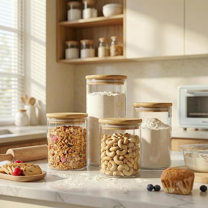 HomArtist Large Glass Flour and Sugar Containers 180oz x2 & 93oz x2 [Set of 4], Glass Food Storage Containers with Bamboo Lids, Glass Jar with Airtight Lid for Spaghetti Pasta,Rice,Cereal,Coffee, Oat