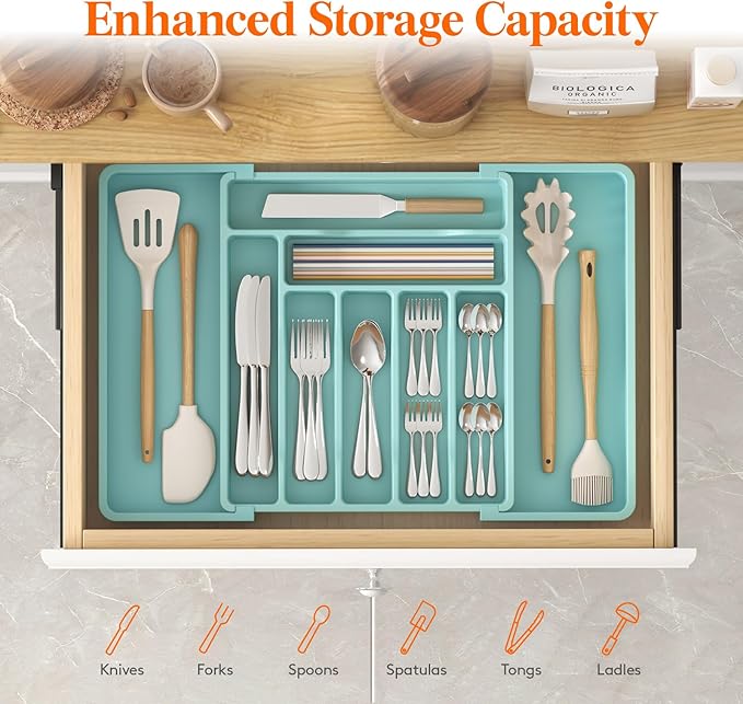 Lifewit Utensil Organizer for Kitchen Drawer, Expandable Cooking Silverware Tray, Adjustable Cutlery Flatware Holder, Plastic Spatula Tools Storage Divider, 13-22.4 x 15", Turquoise