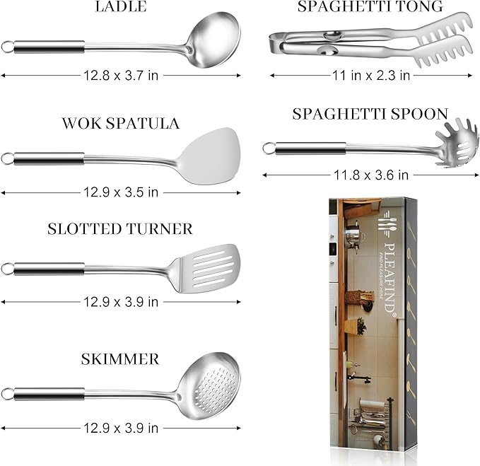 Pleafind Stainless Steel Cooking Utensils Set, 6 Pcs Heat Resistant Kitchen Utensils Set, Nonstick Kitchen Tools for Cooking, Baking, Metal Spatula Set for Chef, Dishwasher Safe
