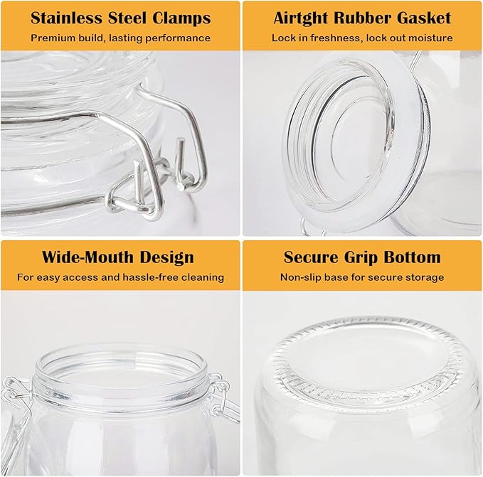 Glass Kitchen Storage Canister Mason Jars with Lids,32oz Airtight Glass Canister with Hinged Lid，Perfect for Kitchen Canning Cereal,Pasta,Sugar,Beans (Labels & Chalk Marker)-Set of 4