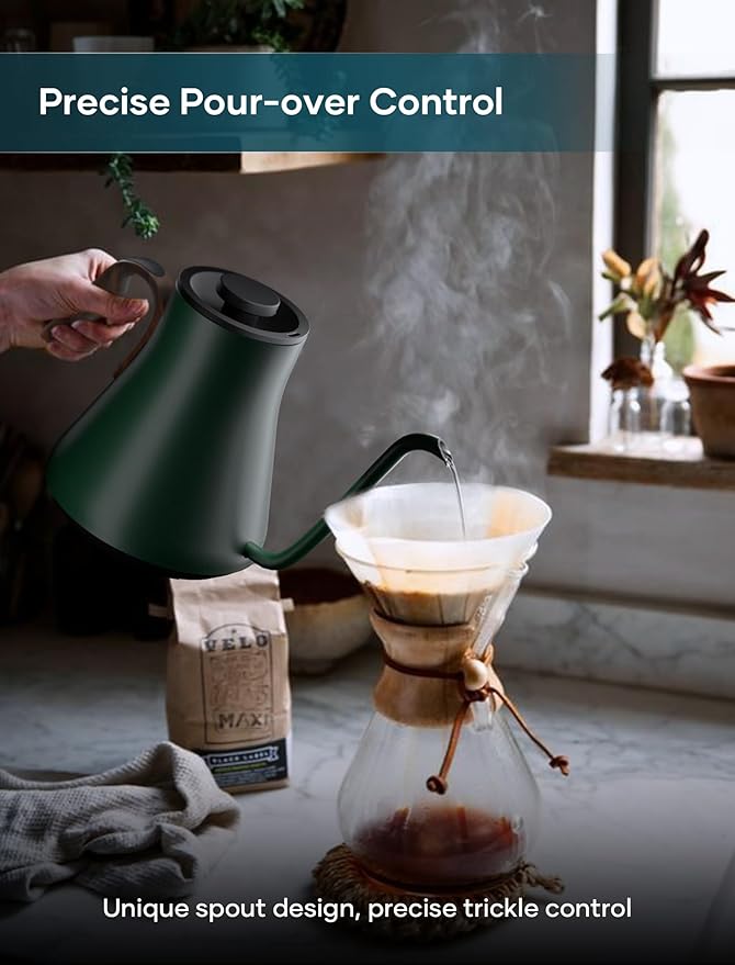 INTASTING Electric Kettle, Gooseneck Electric Kettle, ±1℉ Precise Temperature Control, Stainless Steel Interior, Quick Heating for Pour Over Coffee, Tea & Boiling Water, 0.9L (Forest Green)