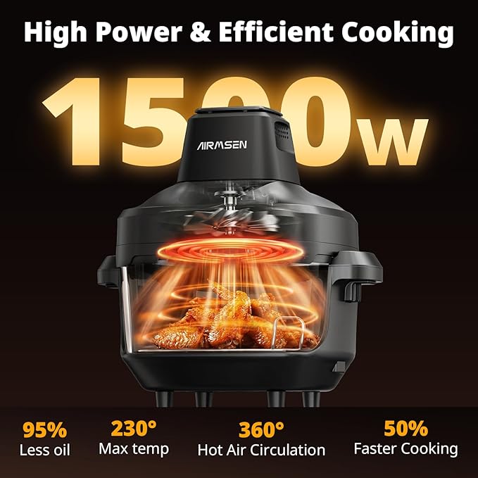 AIRMSEN Potable Glass Air Fryer Non-Toxic, 4.8QT & 1.3QT, 4 Presets & Manual Control, 140–450℉ Precise Heat, 95% Less Oil, Auto-Pause & Resume, Microwave & Dishwasher Safe