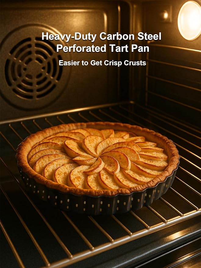 9 Inch Perforated Quiche Pan for Crispy Crust w/Cake Server. Removable Bottom, Non-Stick Coating, Rugged Carbon Steel Dish for Tart Quiche Pie Baking. Gift for Christmas Thanksgiving Party