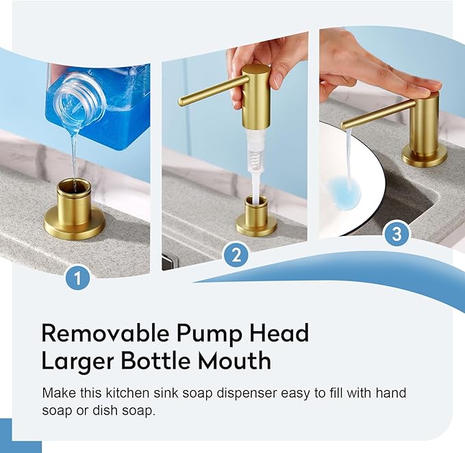 Kitchen Sink Soap Dispenser with 17 OZ Bottle and 40" Extension Tube Kit, Stainless Steel Built-in Soap Dispenser for Kitchen Sink or Countertop, in or Under Sink Installation, Brushed Gold