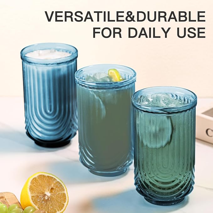 JOVGANK Blue Vintage Glassware Set of 6-17Oz Blue Water Drinking Glass, Art Deco Ripple Highball Glass, Whiskey Cocktail Glasses, for Bar Ice Coffee Juice, Housewarming Gifts and Mother's Day Gift