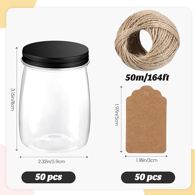 Nitial 50 Pack 5 oz Plastic Jars with Lids Bulk Yogurt Containers with Lids Gift Jars with DIY Craft Twine and Labels Gifts for Birthday Wedding Halloween Christmas Party Favor(Black,Aluminum Lid)