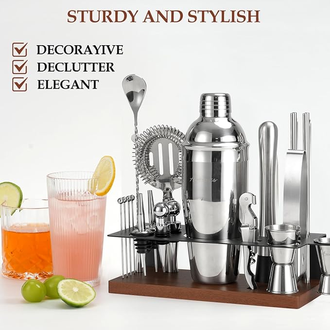 23-Piece Bartender Kit, Cocktail Shaker Set with Stand | Bar Set Drink Mixer Set with All Essential Bar Tools: Martini Shaker,Bar Mixer Spoon, Jigger, Strainer, Muddler, Pourers, for Home, Bar, Party