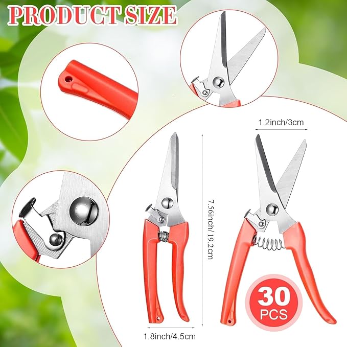 Chumia 30 Pcs Garden Flower Shears Pruning Scissors Heavy Duty Plant Scissors Trimming Garden Clippers Hand Tree Pruner for Yard Gardening Plants Hedge Flower Tree Cutting Secateurs (Orange)
