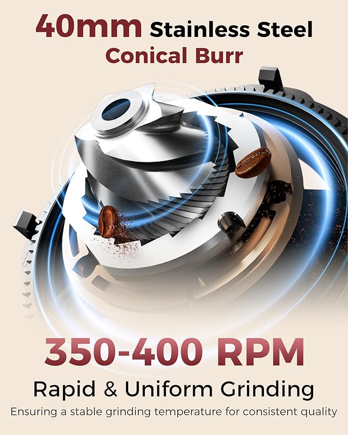 Tuni G2 Conical Burr Coffee Grinder, 70 Grind Settings Anti-static Burr Mill, Precision Electronic Timer and LED Touchscreen for Espresso/Drip/Cold Brew/French Press, Stainless Steel