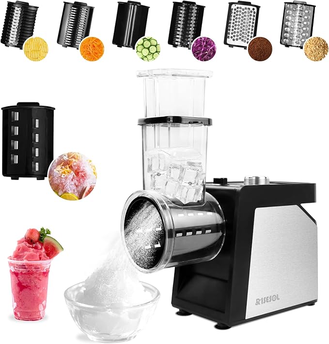 7 in 1 Electric Cheese Grater Ice Shaver with 7 Blades Stainless Steel Multifunctional Vegetable Shredder 250W BPA-Free 110V