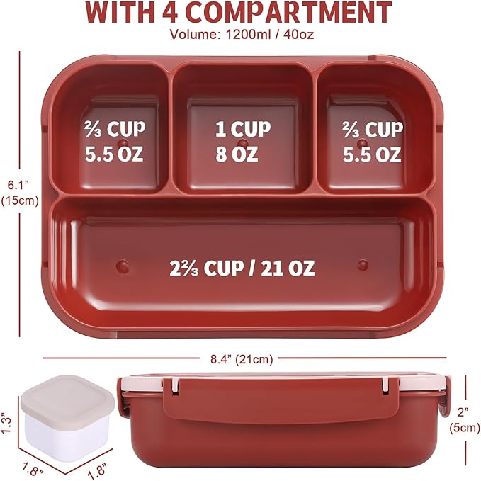 shell and turtle Bento Box Adult Lunch Box, Lunch Containers for Kids Girls Boys with 4 Compartments, Lunchable Food Container with Utensils, Sauce Jar, Muffin Liners, 40 Oz/5 Cup, Retro Red