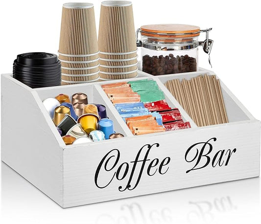 ugiftt Coffee Station Organizer for Counter, Wood Coffee Pods Holder Storage Basket, Tea Condiment Storage Organizer, Rustic Wood Bar Decor for Accessories