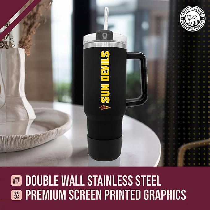 Campus Colors College & University 40 oz Travel Tumbler With Handle - Dual Option Lid With Straw - Vacuum Insulated Stainless Steel (Arizona State Sun Devils - Black)