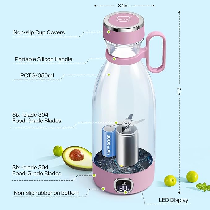 MIAOKE Portable Blender, 6 Blades Juicer Cup for Juice Shakes and Smoothies 350ml Mini Blender with Led Display Usb Rechargeable,3000Mah Rechargeable Battery, for Home Outdoors Travel-Lceberry Pink