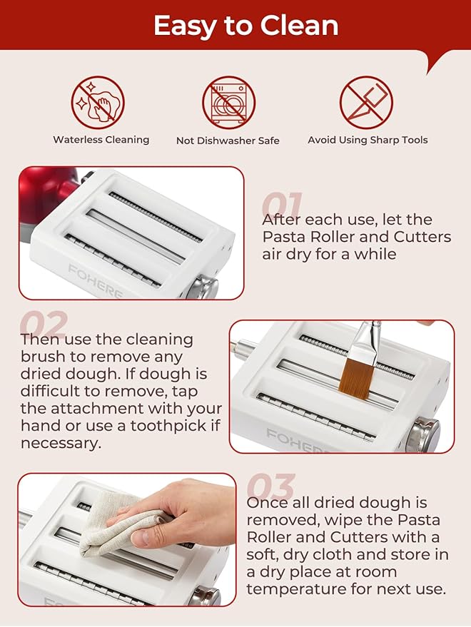 3-IN-1 Pasta Maker Attachment for KitchenAid Stand Mixer, Pasta Maker Accessories with Pasta Roller, Fettuccine Cutter, Spaghetti Cutter and Cleaning Brush, Homemade Fresh Noodles and Italian Cuisine
