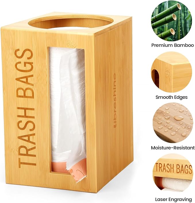 Bamboo Garbage Bag Dispenser Roll Holder - Wall Mount Trash Bag Organizer for 13-33 Gallons, Under Sink Kitchen Grocery Bag Storage Container, Not Suitable for Large Roll