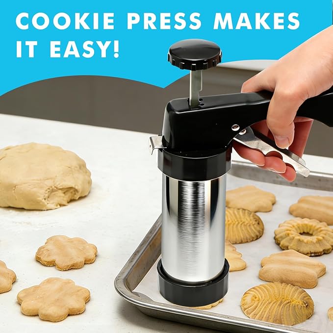 Stainless Steel Cookies Press,Cookie Press Gun Kit with 13 Cookie Discs and 8 Piping Tips for DIY Various Cookies Maker