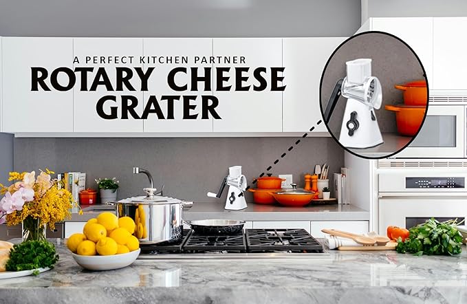 Premium Rotary Cheese Grater - Effortless Grating for Perfectly Shredded Cheese Every Time! (White and Black)