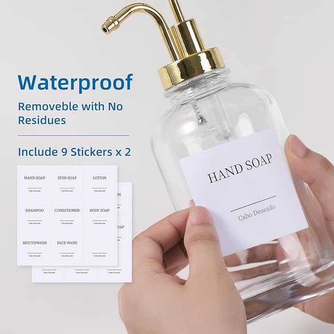 Glass Soap Dispenser with Pump, Dish and Hand Soap Dispenser for Kitchen Bathroom Set, Clear Glass Dispenser Set of 2 Pack with 18 Stickers Funnel Bamboo Tray 500ml 18oz / Each Bottle Gold Pump