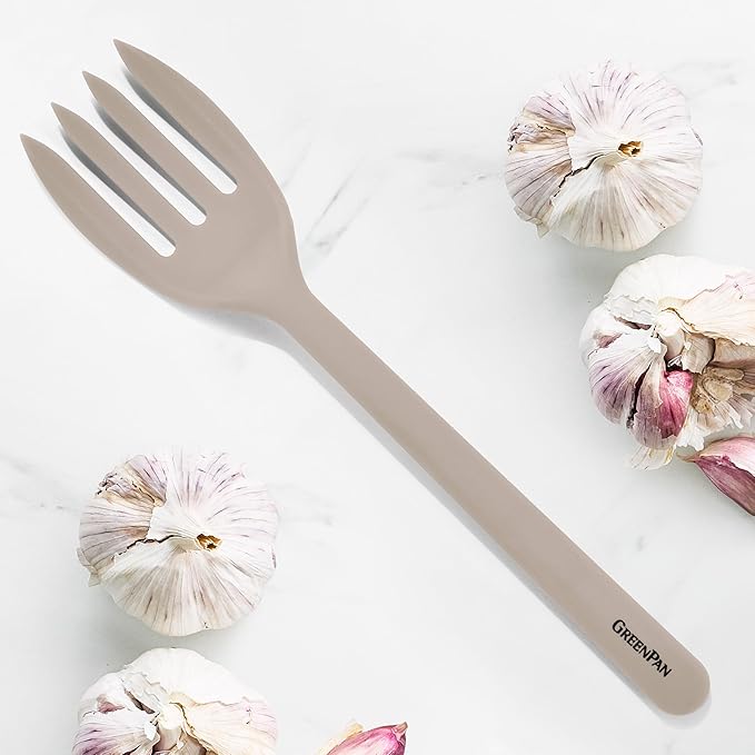 GreenPan Silicone Ultimate Fork, Mixing Stirring Serving, Cooking Kitchen Utensil, Flexible Rubber Nonstick Cookware, Rigid Steel Core, Heat-Resistant, Anti-Slip Handle BPA-Free Dishwasher Safe, Taupe