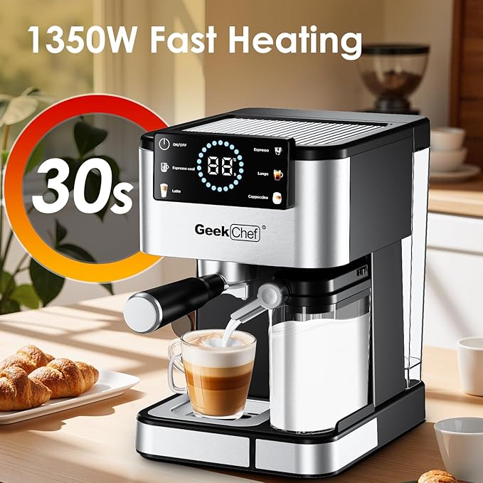 Geek Chef Espresso Machine with Milk Frother, 20 Bar Automatic Espresso Maker, Fast Heating Coffee Maker for Cappuccino, Latte & Iced Coffee, Easy to Use & Clean, for Home Barista