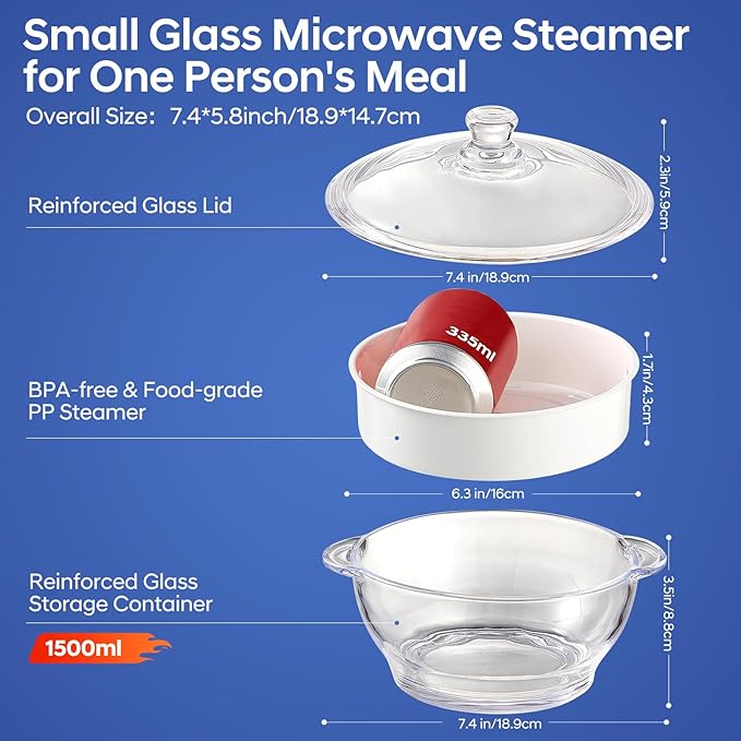 Glass Microwave Steamer for Vegetables, Broccoli, Fish & Food – Oven Safe Steamer Bowl for Cooking, BPA-Free, Odorless & Dishwasher Safe（1.5L）