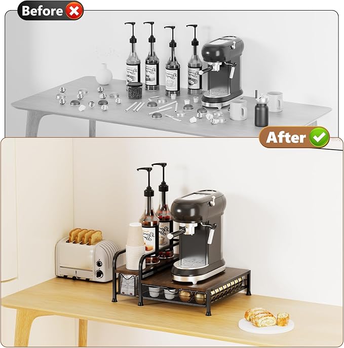 Coffee Bar Organizer with Pod Holder Drawer, 4 Syrup Bottle 40 Pods Capacity for Nespresso, Coffee Station Organizer for Most Single-Serve Brewers, Countertop K Cup Holder for Kitchen Cafe Office