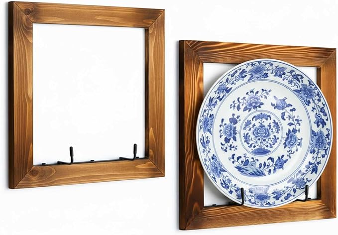 2 Set Plate Hangers, Wall Mounted Wooden Plate Display Holders, Rustic Burnt Solid Wood Frame with Black Metal Hooks for 8 to 11 Inch Plates, Platters & Dishes for Home & Kitchen Decoration