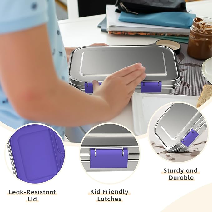 BOSEDSANG Stainless Steel Kids Leak-Resistant Bento Lunch Box, 3-Compartments with Silicone Container, Dishwasher-Safe, Child-Friendly Design for School, Picnics & Travel,BPA-Free(Purple)