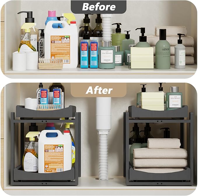 Bamboo Under Sink Organizer Adjustable Height 2 Tier Bathroom Organizer Pull Out Cabinet Storage Kitchen Heave Duty Wood Slide Ou Shelf for Kitchen Bathroom (Black, 2 Packs) (Black, 2 Packs)
