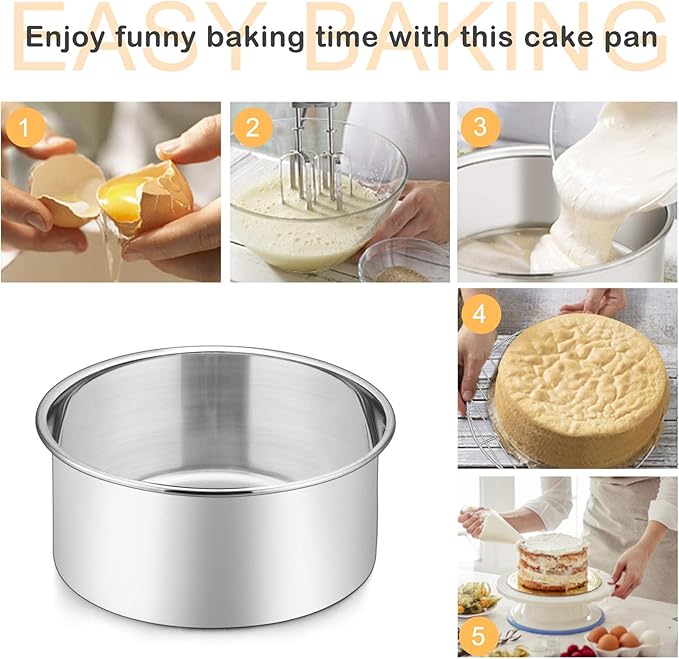 P&P CHEF 6 Inch Cake Pans Set, Round Baking Pan Stainless Steel Layer Birthday Wedding Cake Oven Pans, Non Toxic & Heavy Duty, Deep Side & Mirror Finish, Dishwasher Safe, (2Pcs)