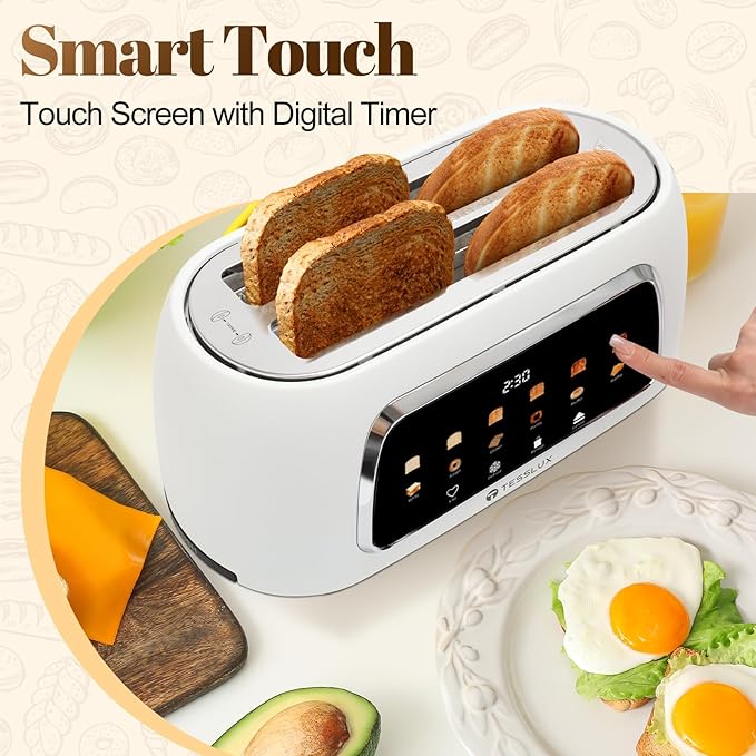 Tesslux 4 Slice Toaster with Touch Screen Control, 1.5" Wide Long Slots, 6 Browning Levels & 6 Bread Types, Digital Timer, Memory, Defrost, Reheat (WHITE)