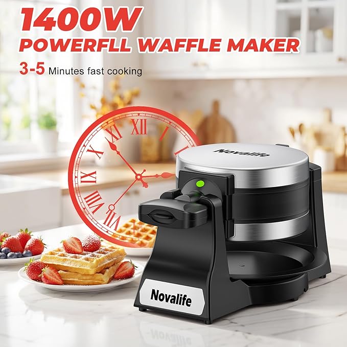 Waffle Maker, 1400W Belgian Waffle Maker, Double Waffle Iron 180° Flip, 8 Slices, Rotating & Nonstick Plates, Removable Drip Tray Easy to Clean, Locking Buckle & Cool Touch Handle, Stainless Steel
