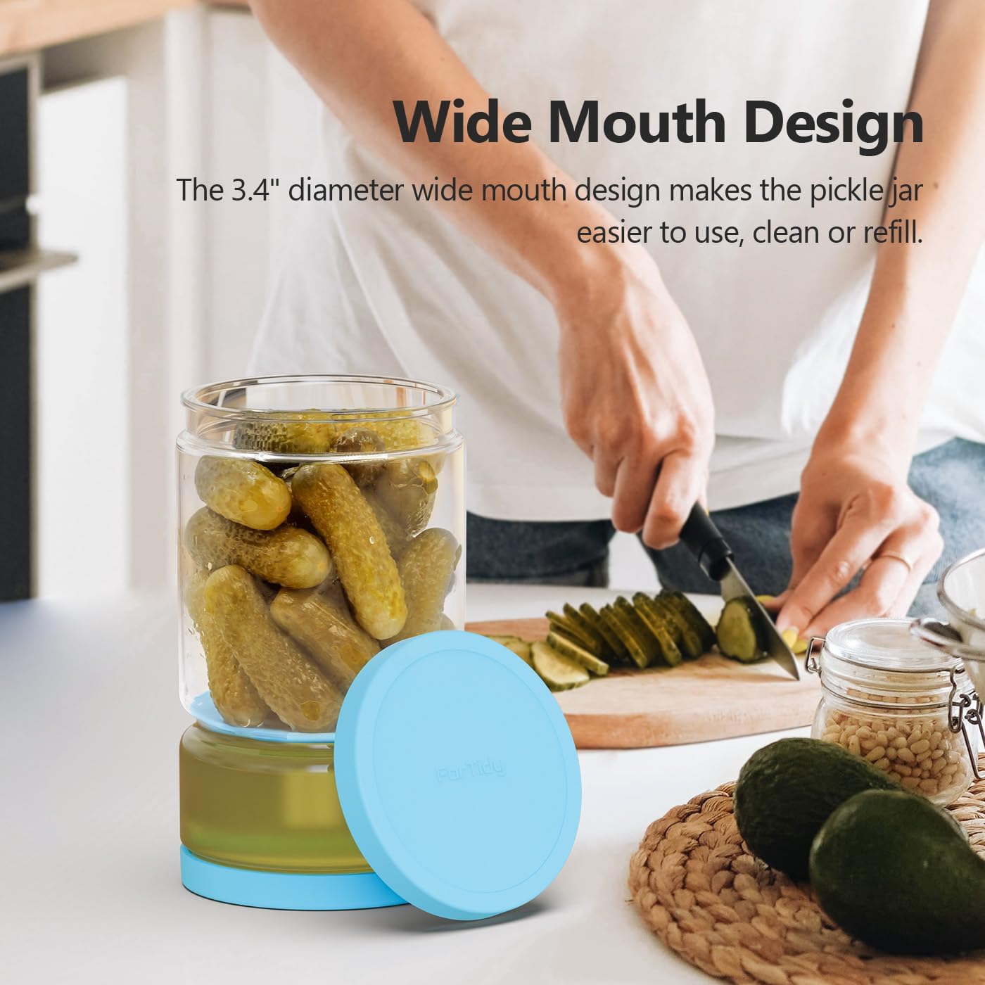 Glass Pickle Container with Strainer for Pickle Lover - 45OZ Leakproof Juice Separator Jar for Gherkin, Olive or Chilli, Dishwasher and Refrigerator Safe, BPA Free (Blue, 45 oz*2 pcs)
