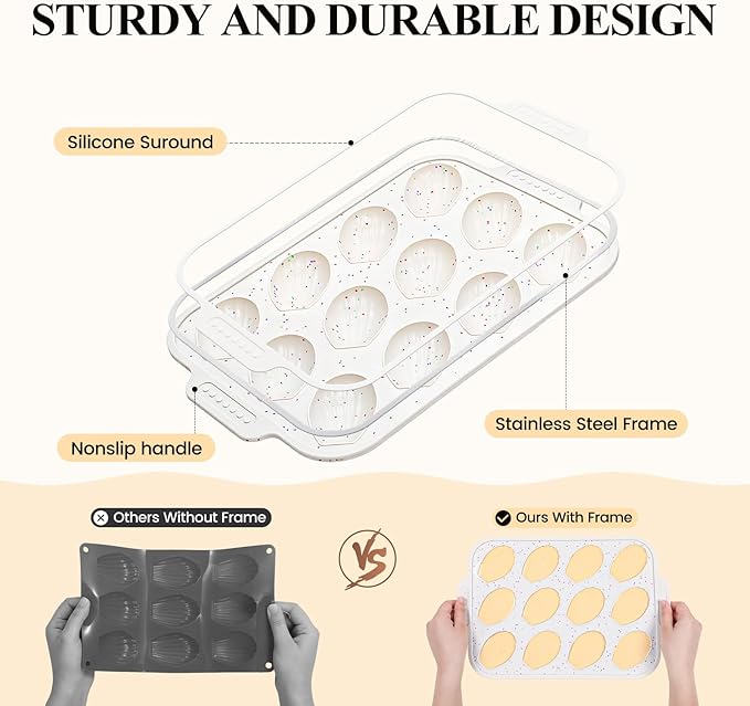 Vinino Silicone Madeleine Pan with Metal Reinforced Frame, 12-Cavity Shell Shape Madeleine Mold with Non-Slip Handle, Nonstick Madeleine Cookie Trays for Oven, BPA Free, Dishwasher Safe- Cream