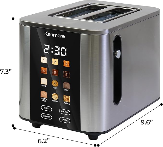 Kenmore 2-Slice Digital Touchscreen Toaster - 900W Stainless Steel, Wide Slots 6 Shade Settings, Bread Presets, Countdown Timer, Reheat & Defrost Functions Compact Countertop Design tostadora digital