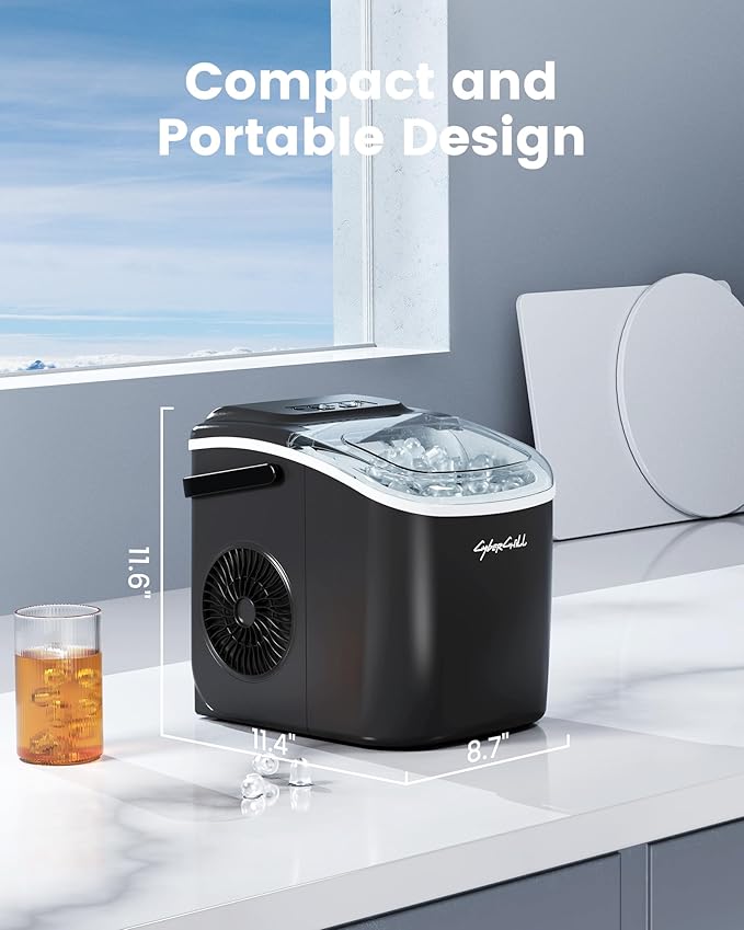 CyberChill Countertop Ice Maker, Portable Ice Machine with Handle, 6 Mins Fast Ice, 26 lbs/Day, Self-Cleaning with Ice Basket & Scoop, for Home, Kitchen, RV, Camping